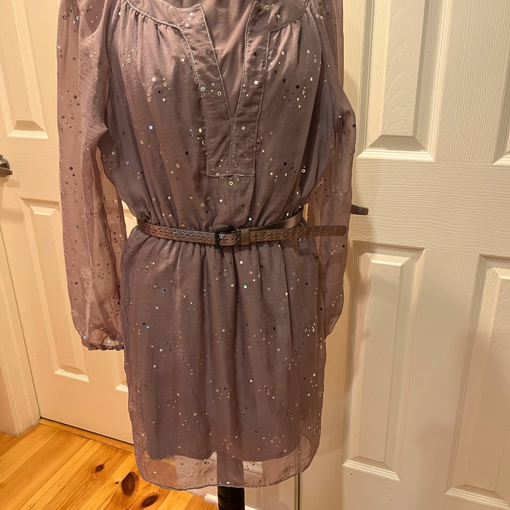 Occasion Wear: Long sheer sleeve, gathered at waist with belt, lined dress